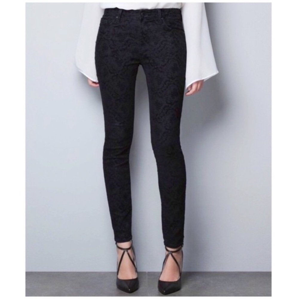 Zara Velvet Floral Crushed Flocked Skinny Denim Black Mid Rise Slim Jeans sz 4